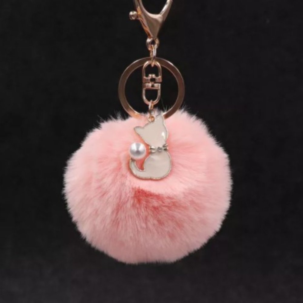 TT-Rabbit Faux Fur Pom Pom Ball Key Chain/Purse Accessory with Cat -Pastel Pink